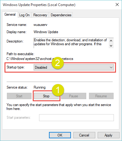 stop disable windows update service