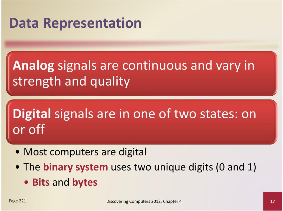 off Most computers are digital The binary system uses two unique