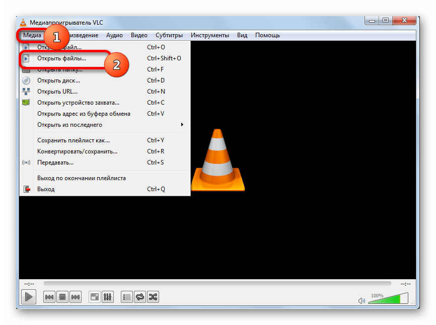 Переход в окно открытия нескольких файлов в программе VLC Media Player