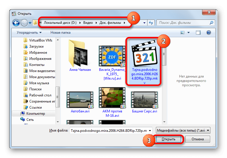 Выбор видео в окне Открыть в программе Media Player Classic