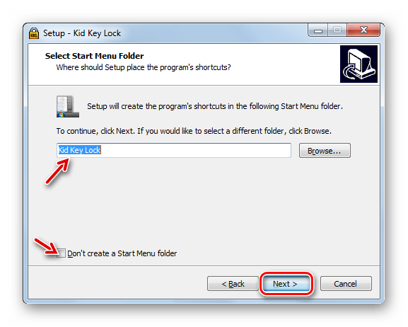 Указание названия ярлыка приложения в станртовом меню в окне Мастера установки программы Kid Key Lock в Windows 7