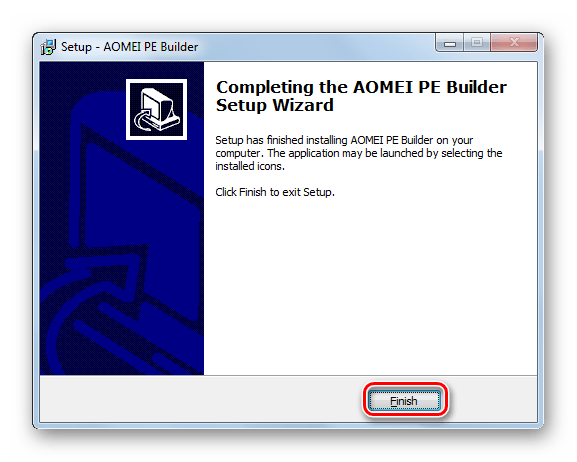 Выход из Мастера установки программы AOMEI PE Builder в Windows 7