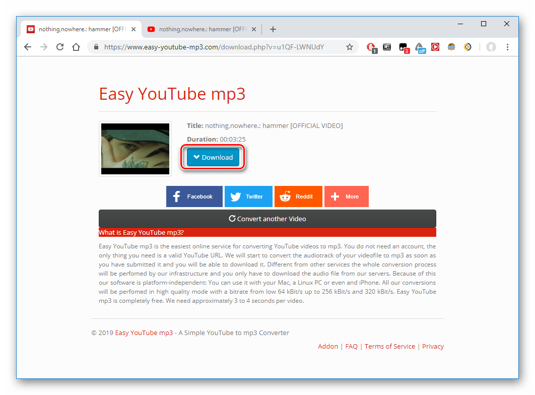 Скачивание готового файла на сайте Easy YouTube mp3