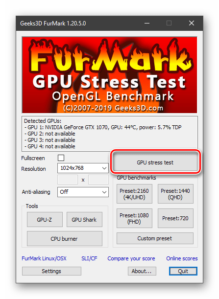 Запуск стрессового тестирования видеокарты в программе Furmark