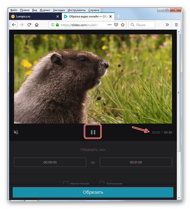 Остановка проигрывания видео на сервисе Clideo в веб-обозревателе Mozilla Firefox