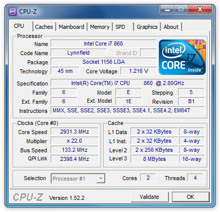Главное окно CPU-Z для Windows, информация о процессоре