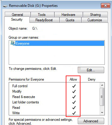 remove write protection from read only usb flash drive by checking the permissions