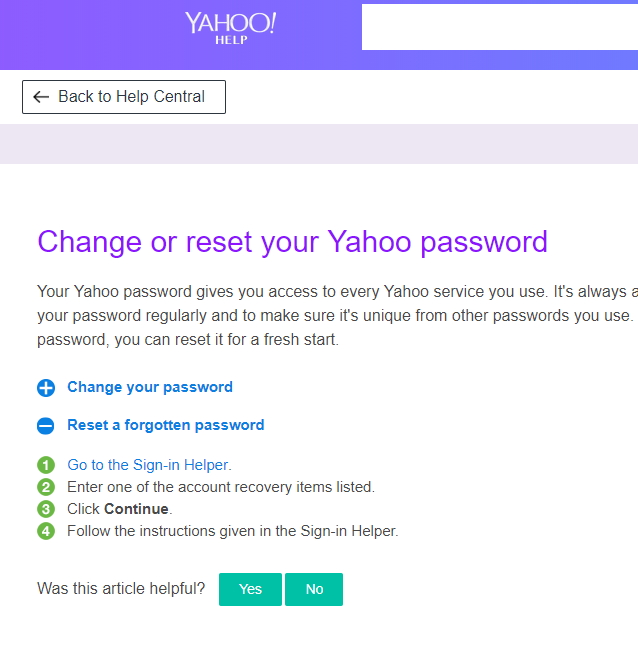 reset yahoo mail password