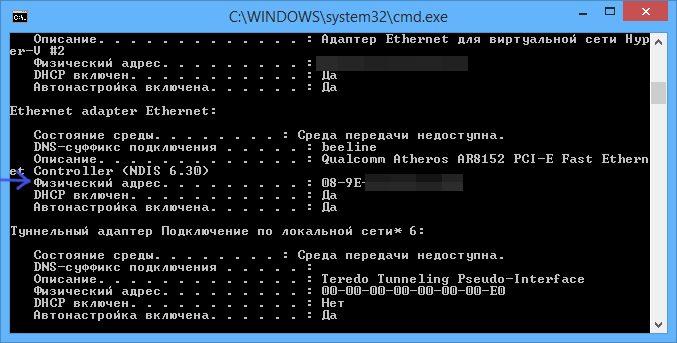 MAC адрес в результатах ipconfig Windows