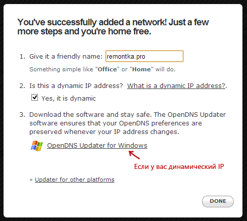 Указание имени сети и загрузка OpenDNS Updater