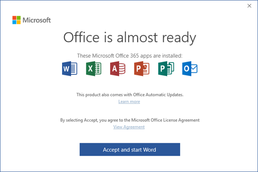 Shows the "Office is Almost Ready" page where you accept the License Agreement and start the app