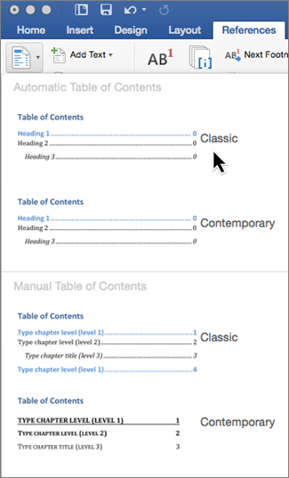 On the References tab, click Table of Contents, and then select an Automatic Table of Contents style from the gallery