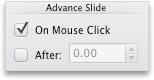 Transitions tab, Advance Slide group