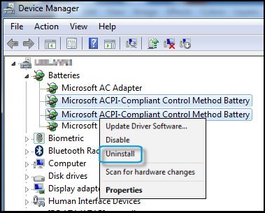 Device manager with ACPI options highlighted
