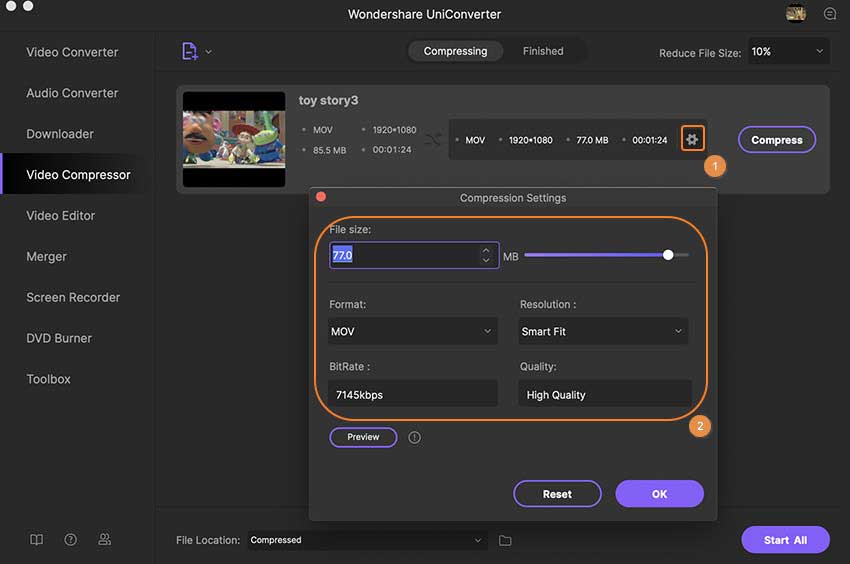 change compression settings for added video