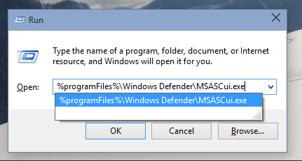 Windows 10 run defender UI