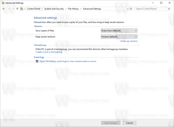 Windows 10 File History Advanced Settings