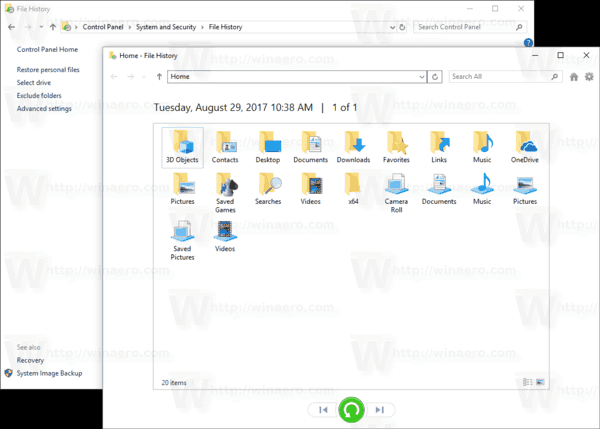 Windows 10 File History Restore Files