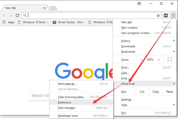 select extensions from google chrome more tools