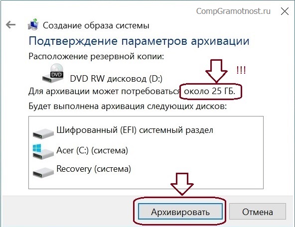 Подтверждение параметров архивации перед созданием образа Windows 10