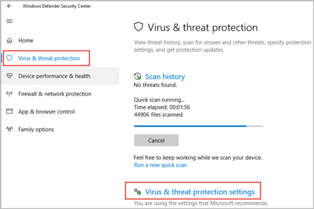navigate to virus and threat protection settings