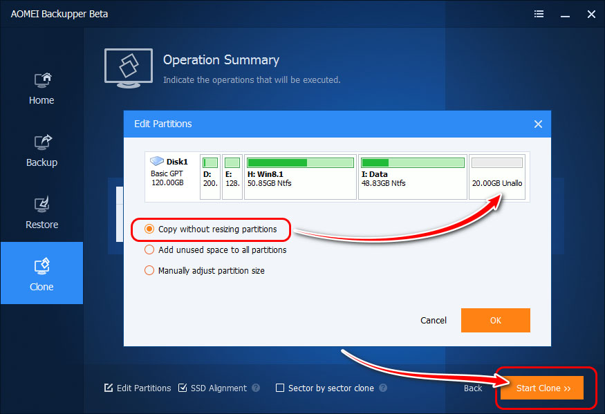 Copy without resizing partitions